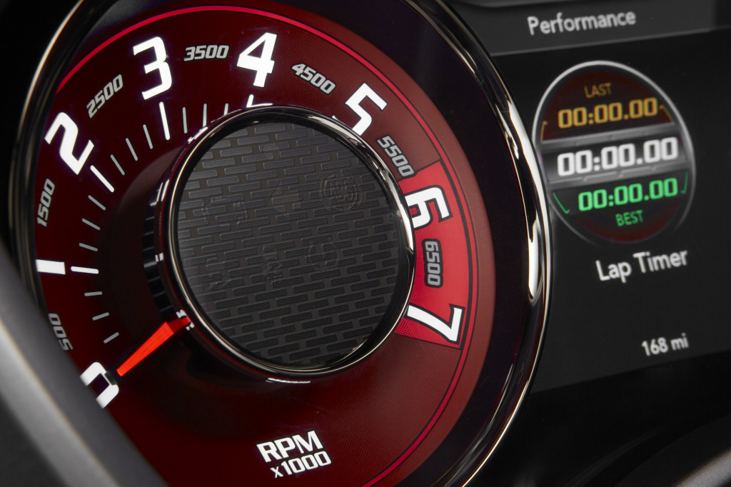 2015 Dodge Challenger SRT Hellcat tachometer gauge, which provides a heritage-inspired look, reminiscent of the ‘tic-toc-tach” gauges from the 1971 Challenger and are finished in a Dark Radar Red tone.